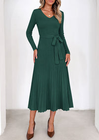 PRETTYGARDEN Womens Fall Maxi Long Sleeve Sweater Dress  Soft Stretchy Knit, V Neck A Line Dresses with Bow, Flowy Pleated Hem, Cocktail Party Outfits, Trendy Winter Clothes