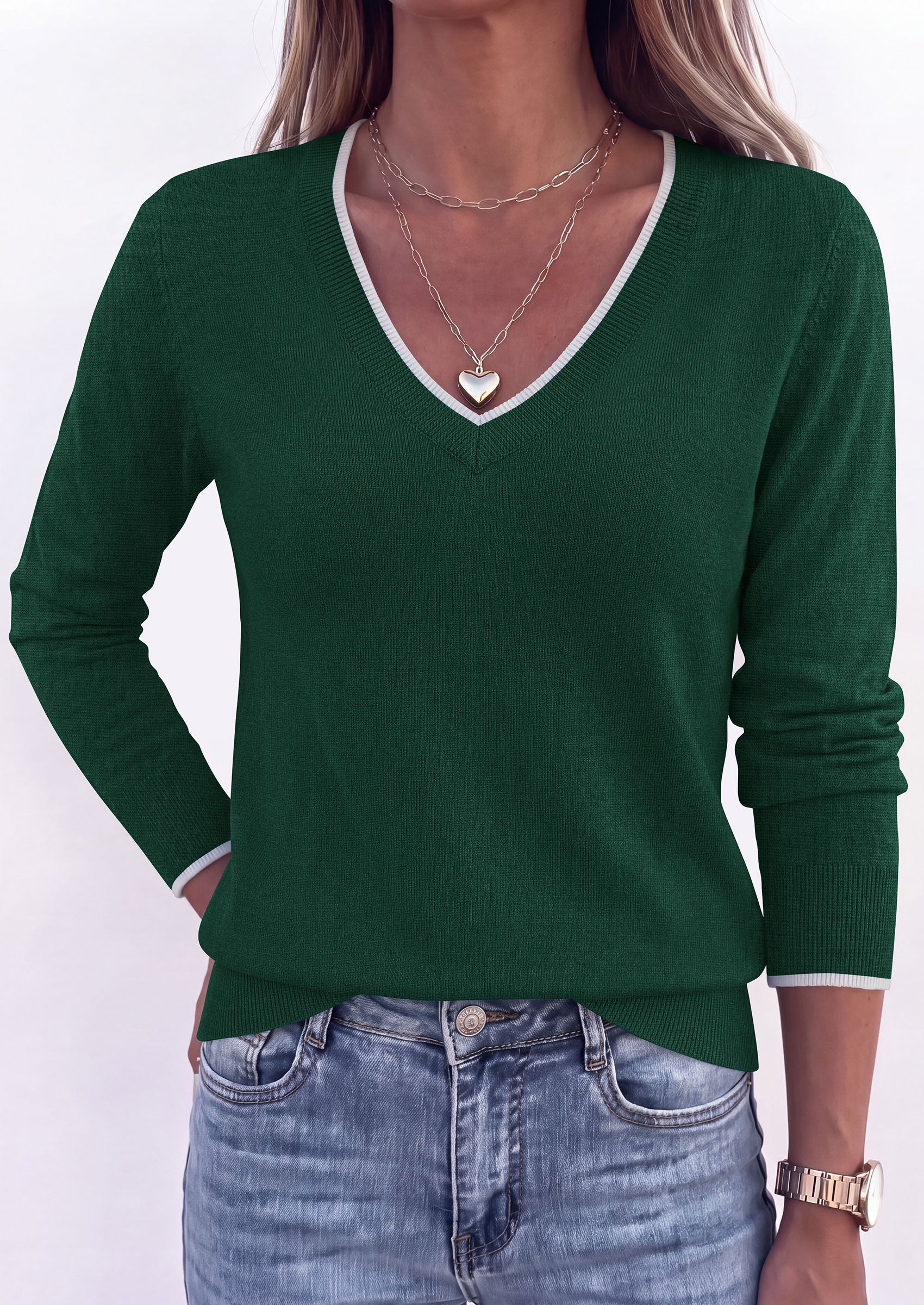PRETTYGARDEN Women's V Neck Sweater Long Sleeve Knit Tops | Contrast Trim, Cozy Lightweight Pullover, Loose Basic Soft, Business Casual, Holiday Vacation Outfits, Fall Winter Clothes
