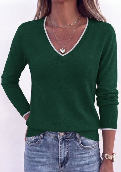 PRETTYGARDEN Women's V Neck Sweater Long Sleeve Knit Tops | Contrast Trim, Cozy Lightweight Pullover, Loose Basic Soft, Business Casual, Holiday Vacation Outfits, Fall Winter Clothes