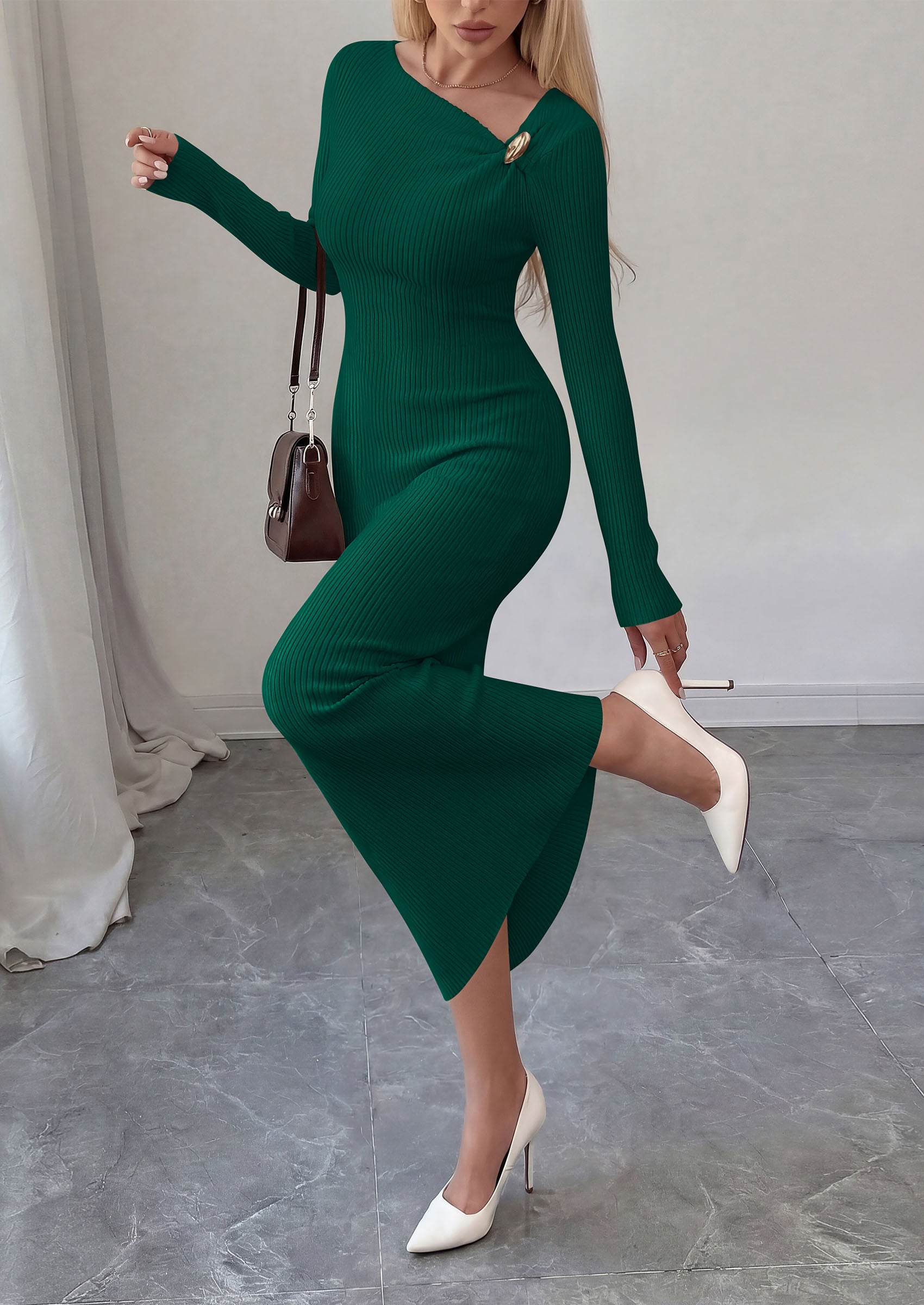 PRETTYGARDEN Womens Fall Long Sleeve Ribbed Sweater Dress | Breathable Knit Fabric, Elegant Bodycon Cut, Fashion Asymmetrical Neck, Night Out Party Dresses, 2026 Trendy Winter Clothes  Price, product page
