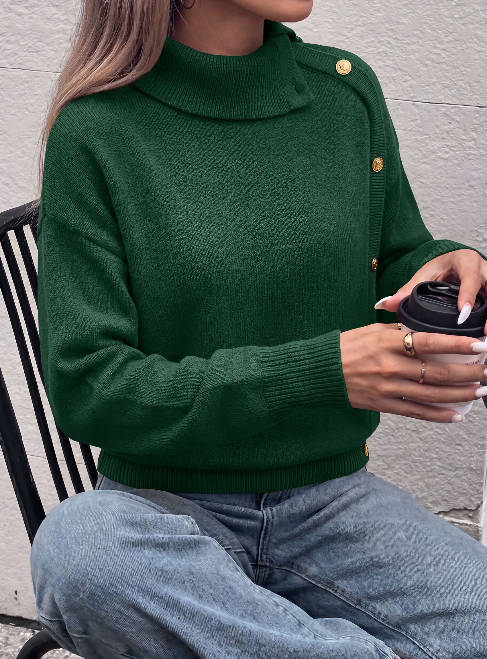 PRETTYGARDEN Womens Turtleneck Sweater Pullover Side Button Fall Clothes  Stretchy Knit,Dropped Shoulder,Ribbed Cuffs,Asymmetrical,Jumper Long Sleeve Tops,Work Office,2026 Winter Casual Outfits