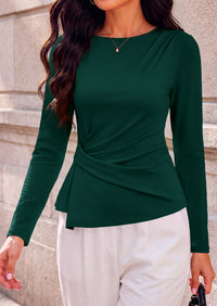 PRETTYGARDEN Womens Ruched Tops Casual Long Sleeve Shirt  Soft Stretchy Knit, Round Neck Slim Fitted Shape, Pleated Asymmetrical Hem, Office Work Daily Wear, Trendy Fall Outfits