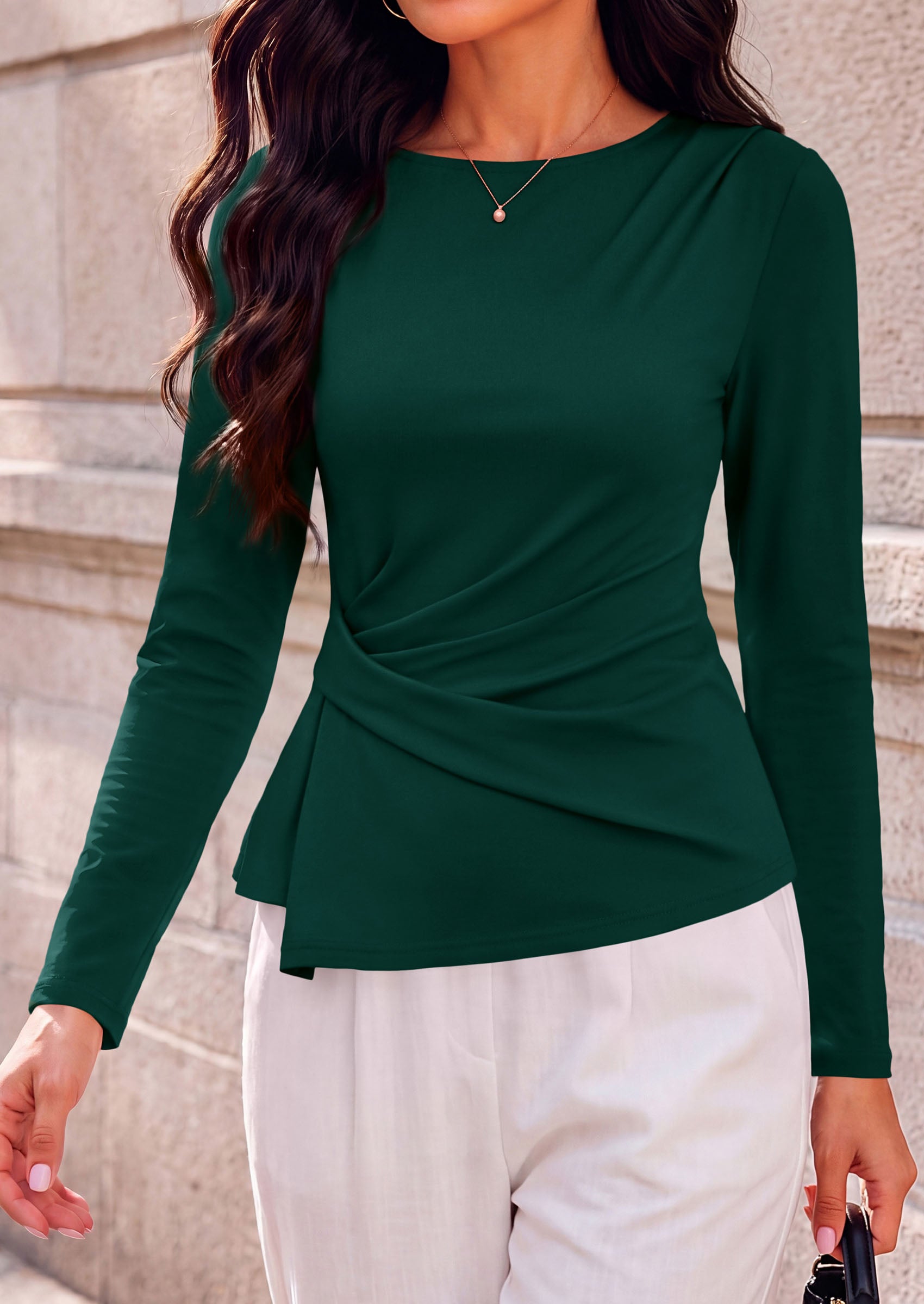 PRETTYGARDEN Womens Ruched Tops Casual Long Sleeve Shirt  Soft Stretchy Knit, Round Neck Slim Fitted Shape, Pleated Asymmetrical Hem, Office Work Daily Wear, Trendy Fall Outfits