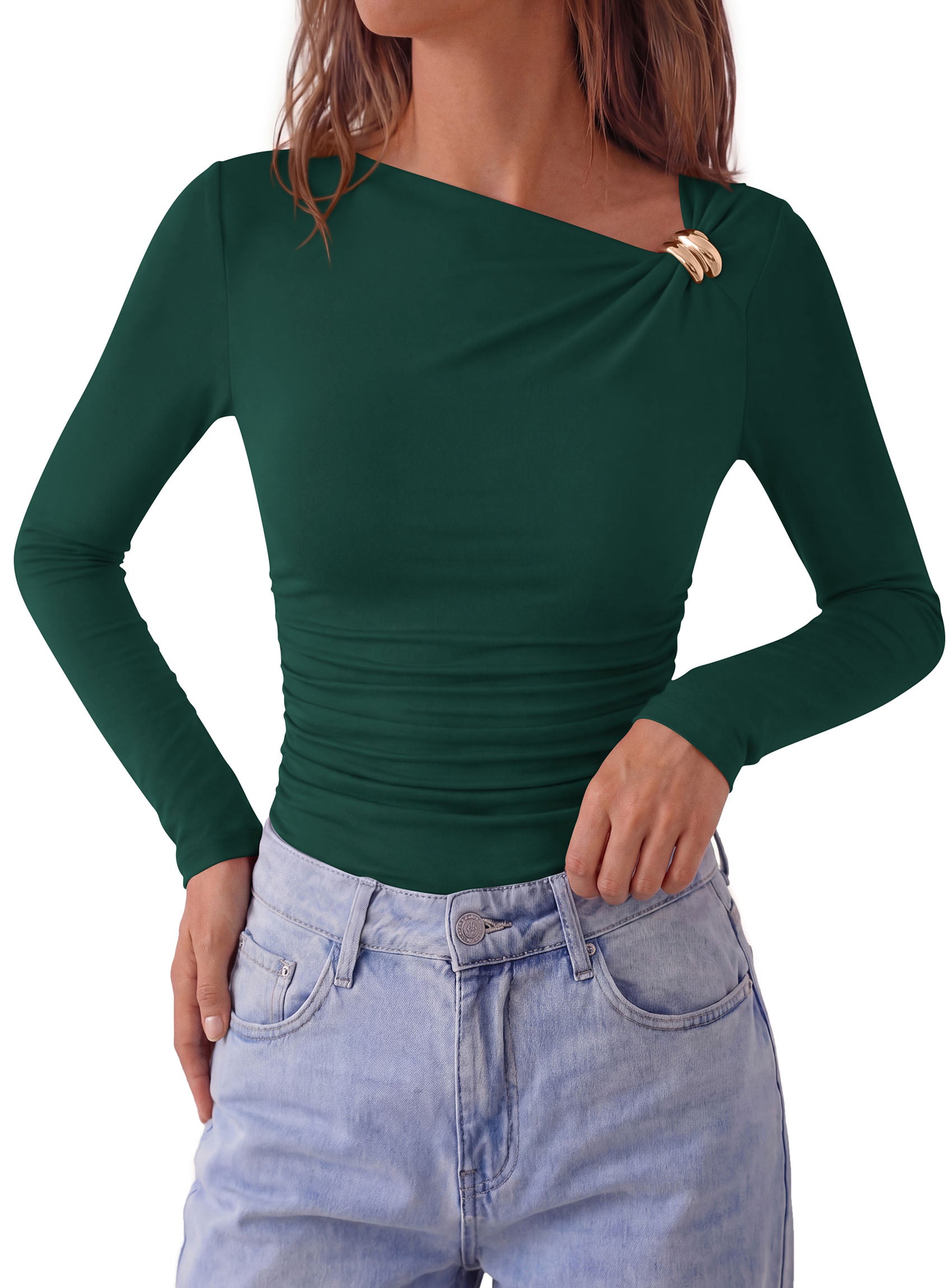 PRETTYGARDEN Long Sleeve Shirts for Women 2026 Ruched Knit Asymmetrical Tight Fitted Going Out Tops Y2k Fall Clothes