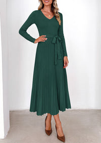 PRETTYGARDEN Womens Fall Maxi Long Sleeve Sweater Dress  Soft Stretchy Knit, V Neck A Line Dresses with Bow, Flowy Pleated Hem, Cocktail Party Outfits, Trendy Winter Clothes