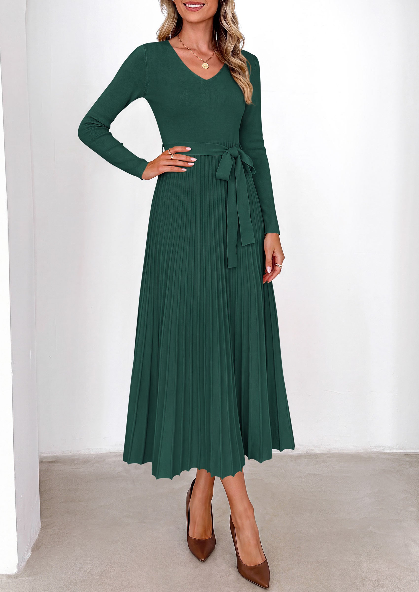 PRETTYGARDEN Womens Fall Maxi Long Sleeve Sweater Dress  Soft Stretchy Knit, V Neck A Line Dresses with Bow, Flowy Pleated Hem, Cocktail Party Outfits, Trendy Winter Clothes