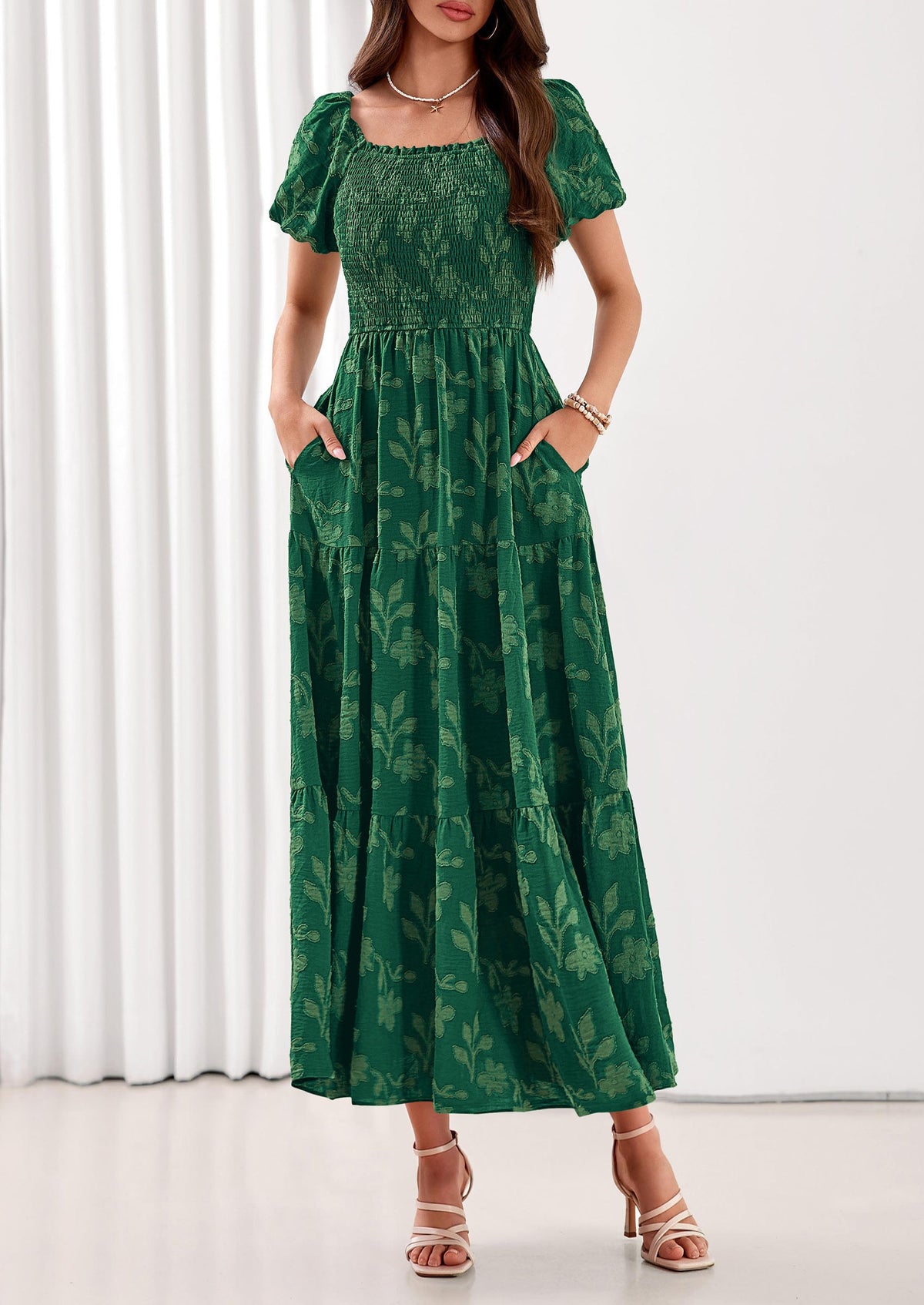 PRETTYGARDEN Women's 2026 Summer Boho Maxi Dresses Floral Short Sleeve Square Neck Smocked Flowy Long Dress Vacation Outfits PRETTYGARDEN