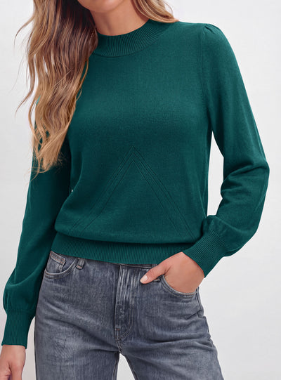 PRETTYGARDEN Womens Fall Mock Neck Long Sleeve Sweater  Soft Stretchy Fabric, V-Shape Knit Pattern, Chic Puff Sleeves, Ribbed Trim Pullover Sweaters, Casual Work Office Outfits