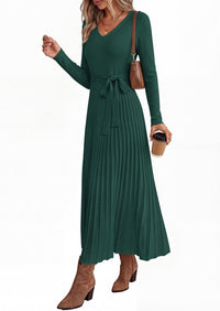 PRETTYGARDEN Womens Fall Maxi Long Sleeve Sweater Dress  Soft Stretchy Knit, V Neck A Line Dresses with Bow, Flowy Pleated Hem, Cocktail Party Outfits, Trendy Winter Clothes
