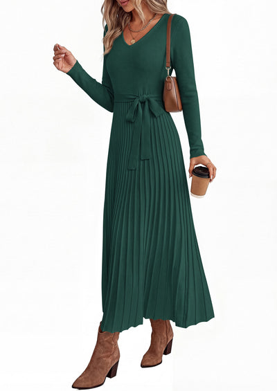 PRETTYGARDEN Womens Fall Maxi Long Sleeve Sweater Dress  Soft Stretchy Knit, V Neck A Line Dresses with Bow, Flowy Pleated Hem, Cocktail Party Outfits, Trendy Winter Clothes