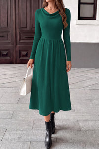PRETTYGARDEN Women Casual Cowl Neck Long Sleeve Midi Dress