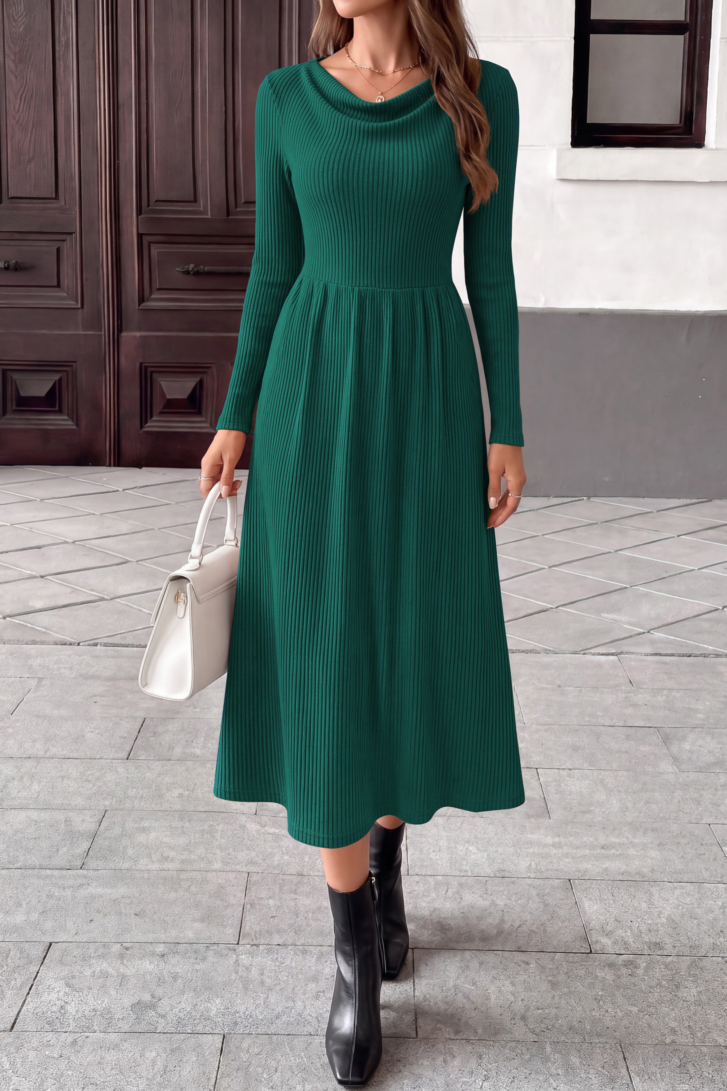 PRETTYGARDEN Women Casual Cowl Neck Long Sleeve Midi Dress