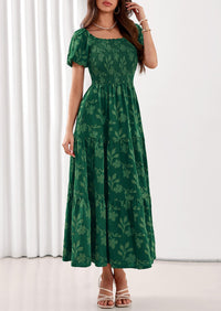 PRETTYGARDEN Women's 2026 Summer Boho Maxi Dresses Floral Short Sleeve Square Neck Smocked Flowy Long Dress Vacation Outfits PRETTYGARDEN