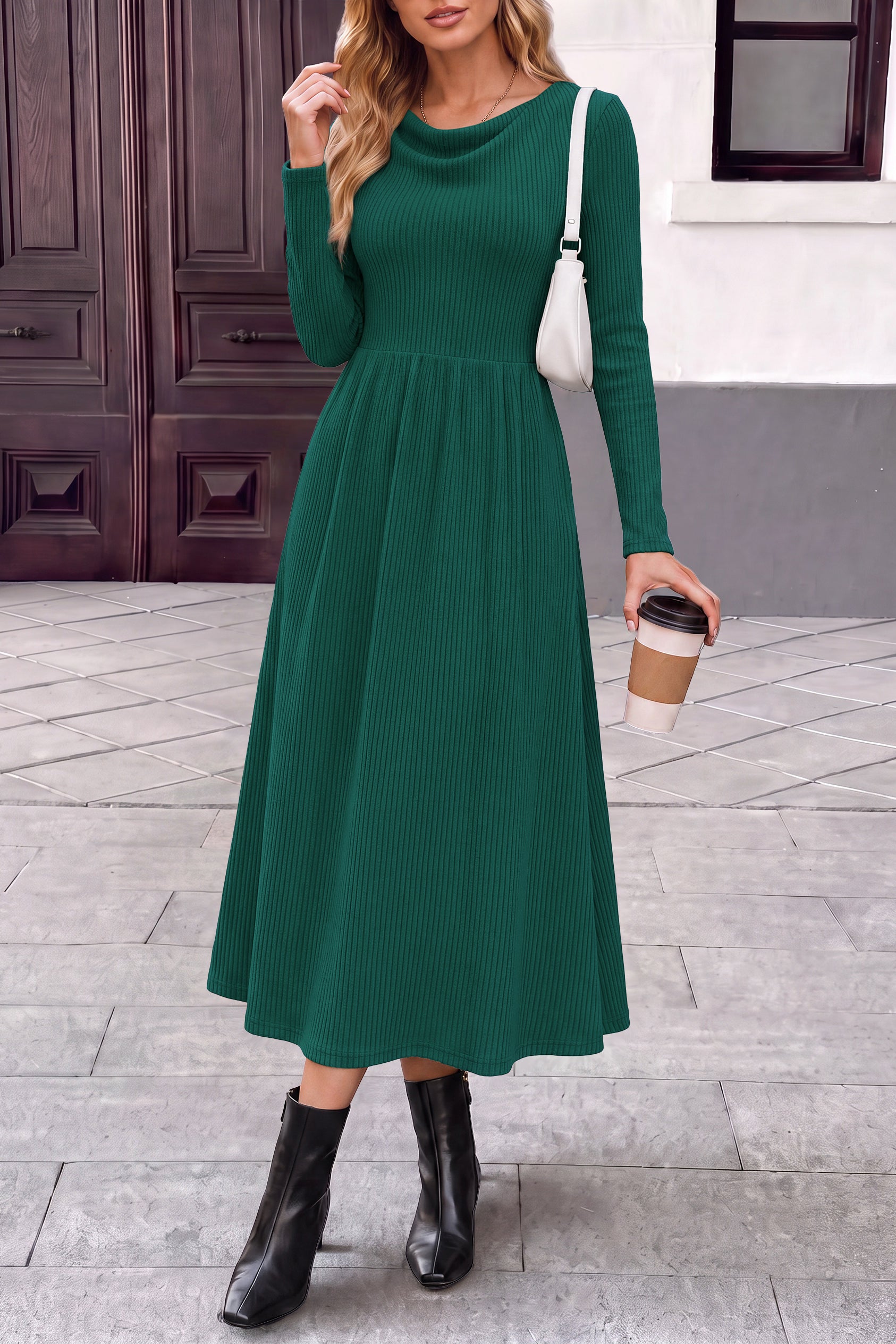 PRETTYGARDEN Women Casual Cowl Neck Long Sleeve Midi Dress