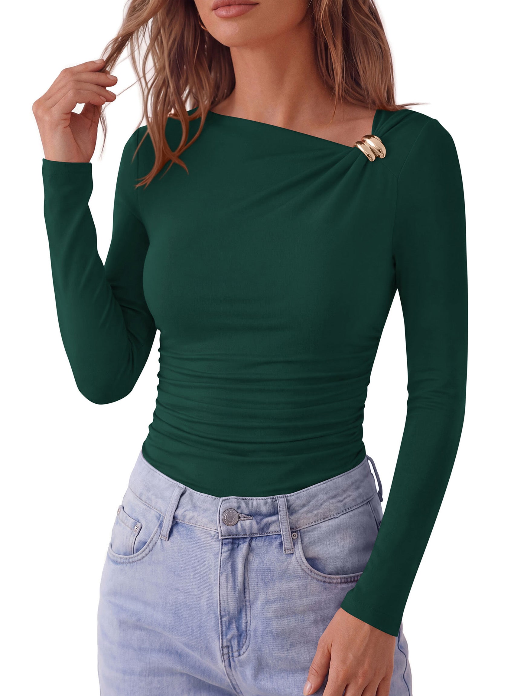 PRETTYGARDEN Long Sleeve Shirts for Women 2026 Ruched Knit Asymmetrical Tight Fitted Going Out Tops Y2k Fall Clothes