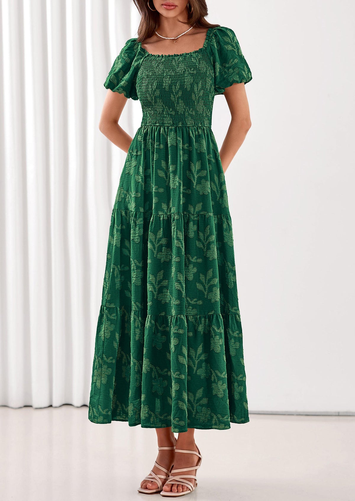 PRETTYGARDEN Women's 2026 Summer Boho Maxi Dresses Floral Short Sleeve Square Neck Smocked Flowy Long Dress Vacation Outfits PRETTYGARDEN
