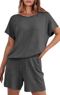 PRETTYGARDEN Two Piece Set for Women Summer Lounge Sets Shorts And Short Sleeve Tops Knitted Matching Travel Spring Outfits PRETTYGARDEN