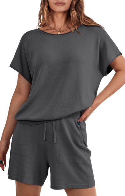 PRETTYGARDEN Two Piece Set for Women Summer Lounge Sets Shorts And Short Sleeve Tops Knitted Matching Travel Spring Outfits PRETTYGARDEN