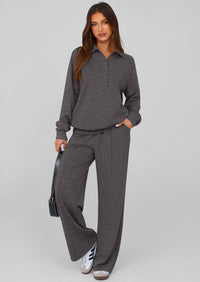 PRETTYGARDEN Women Fall 2 Piece Outfits Sweatsuits Quarter Button Long Sleeve Sweatshirt Wide Leg Pants Tracksuit Lounge Sets