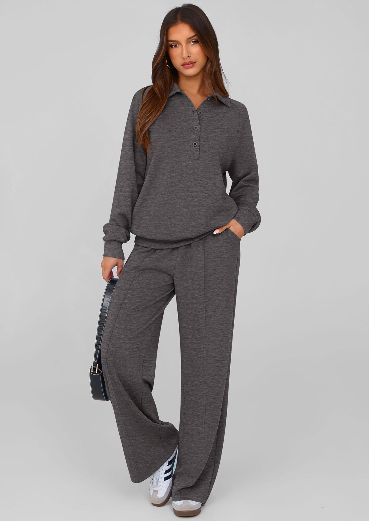 PRETTYGARDEN Women Fall 2 Piece Outfits Sweatsuits Quarter Button Long Sleeve Sweatshirt Wide Leg Pants Tracksuit Lounge Sets