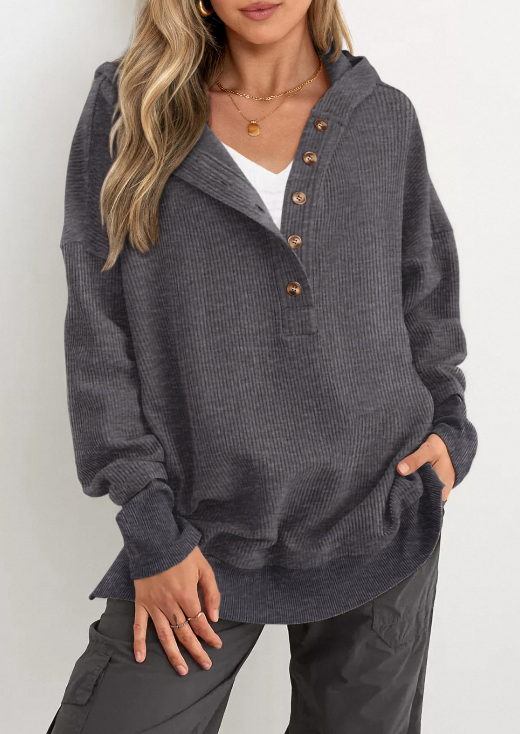 PRETTYGARDEN Womens Fashion Oversized Long Sleeve Hoodie Button Down V Neck Sweatshirt Side Slit Casual Pullover Tops