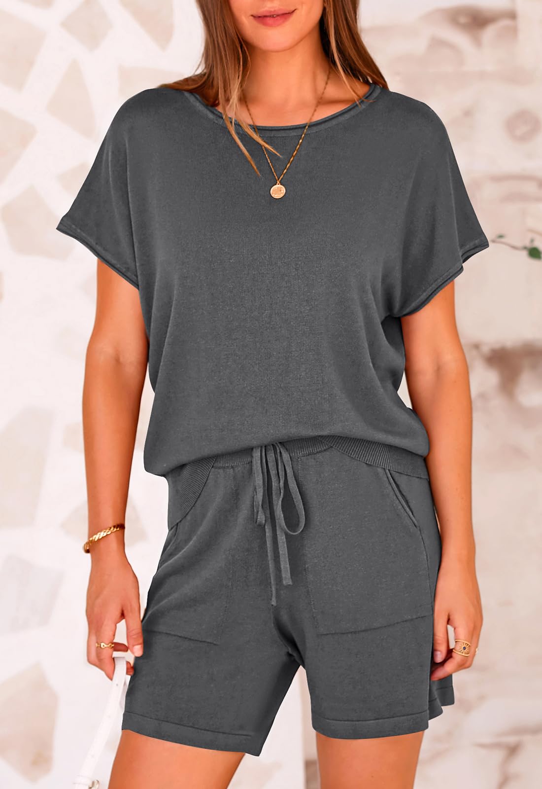 PRETTYGARDEN Two Piece Set for Women Summer Lounge Sets Shorts And Short Sleeve Tops Knitted Matching Travel Spring Outfits PRETTYGARDEN