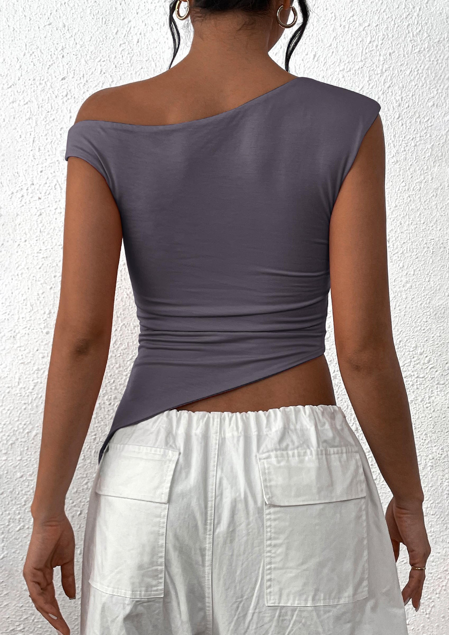 PRETTYGARDEN Womens Off The Shoulder Tops Summer Sleeveless One Shoulder Ruched Asymmetrical Y2K Going Out Crop Tank Top