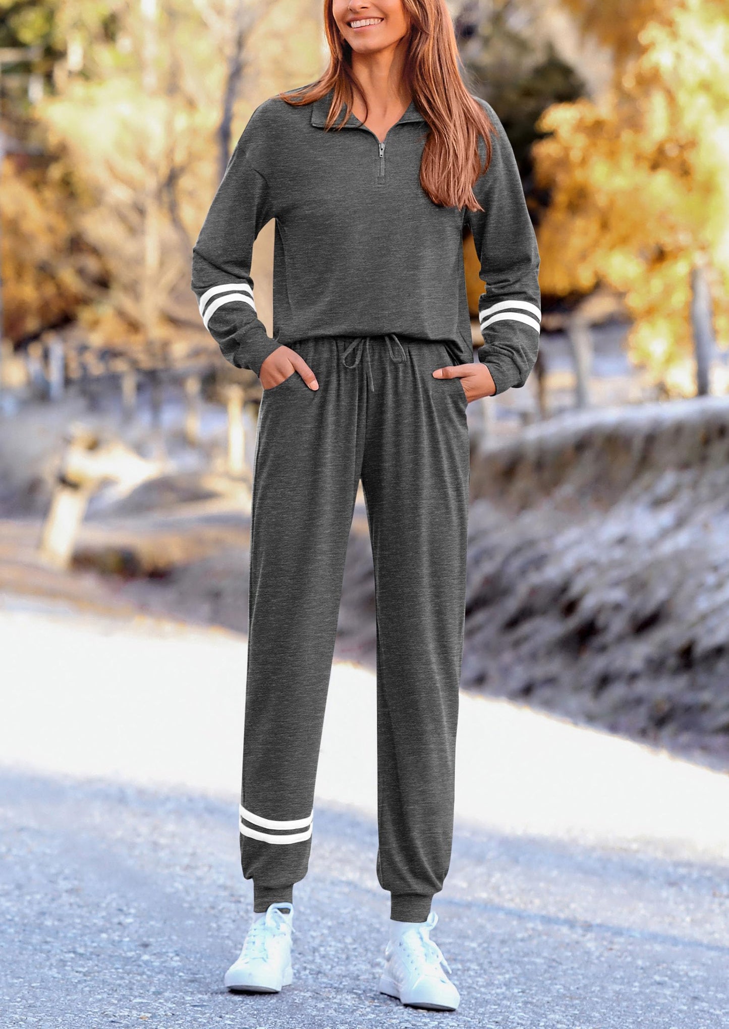 Women's 2 Piece Outfits Fall Fashion 2024 Striped 1/4 Zip Pullover Tops Long Sweatpants Tracksuit Sets