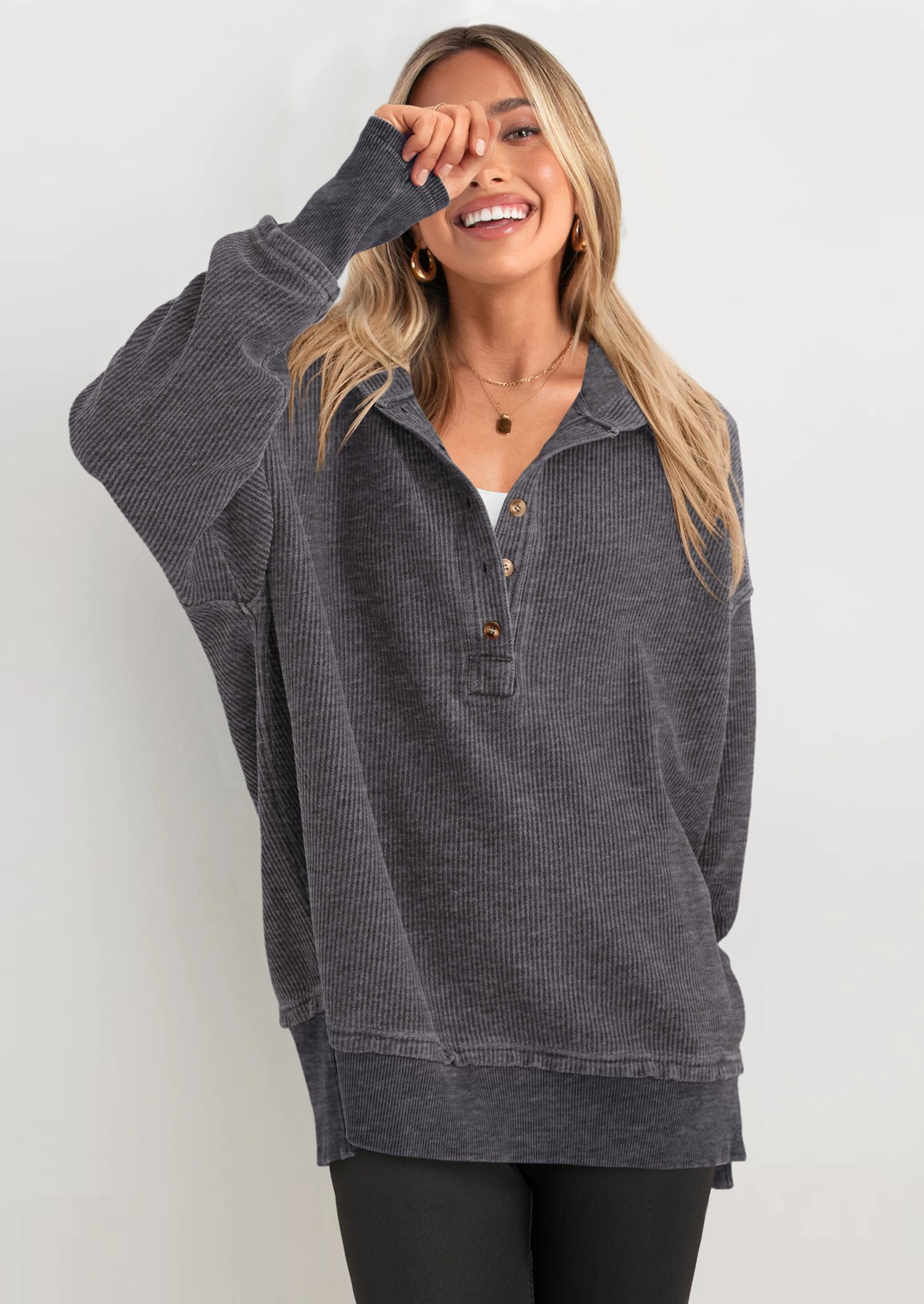 PRETTYGARDEN Womens Fashion Oversized Long Sleeve Hoodie Button Down V Neck Sweatshirt Side Slit Casual Pullover Tops