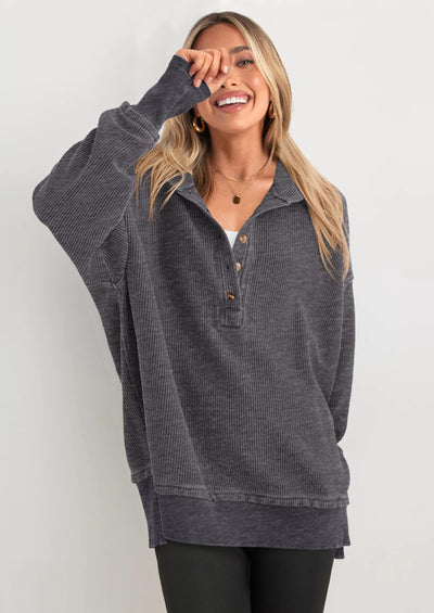 PRETTYGARDEN Womens Fashion Oversized Long Sleeve Hoodie Button Down V Neck Sweatshirt Side Slit Casual Pullover Tops