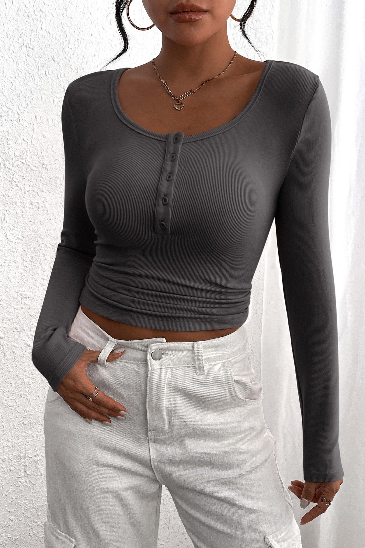 Long Sleeve Henley Button Down Ribbed Knit Slim Fit Blouse