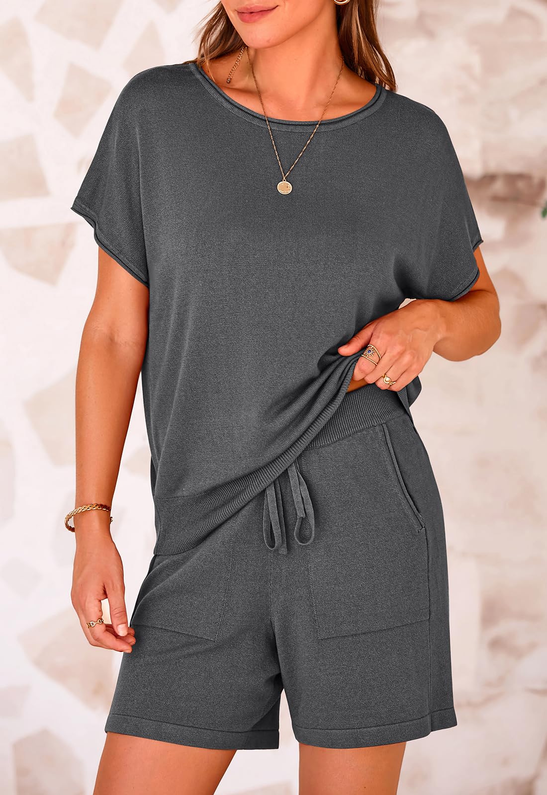 PRETTYGARDEN Two Piece Set for Women Summer Lounge Sets Shorts And Short Sleeve Tops Knitted Matching Travel Spring Outfits PRETTYGARDEN