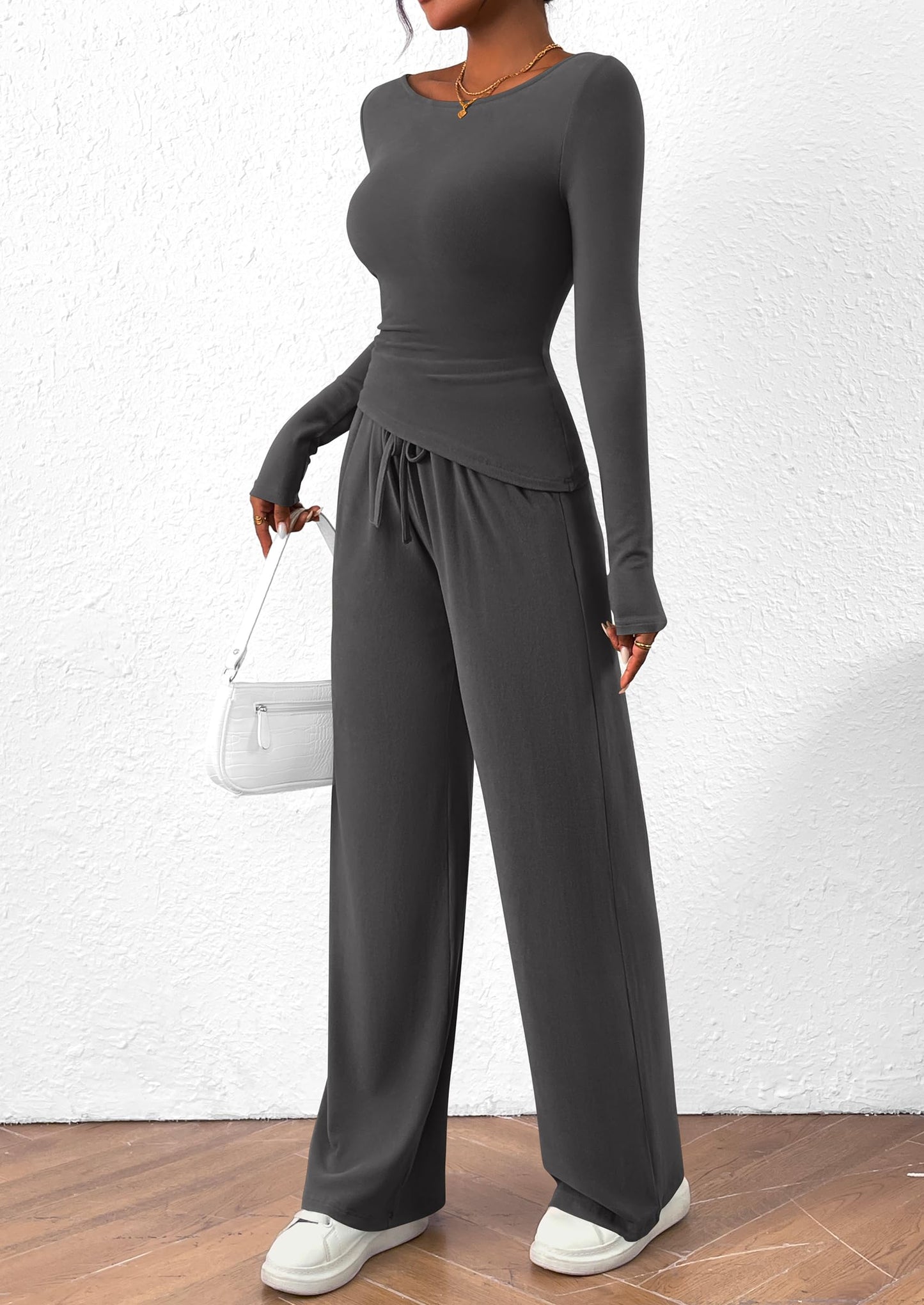 2 Piece Lounge Sets Asymmetrical Long Sleeve T Shirt Wide Leg Pants Casual Outfits Tracksuit