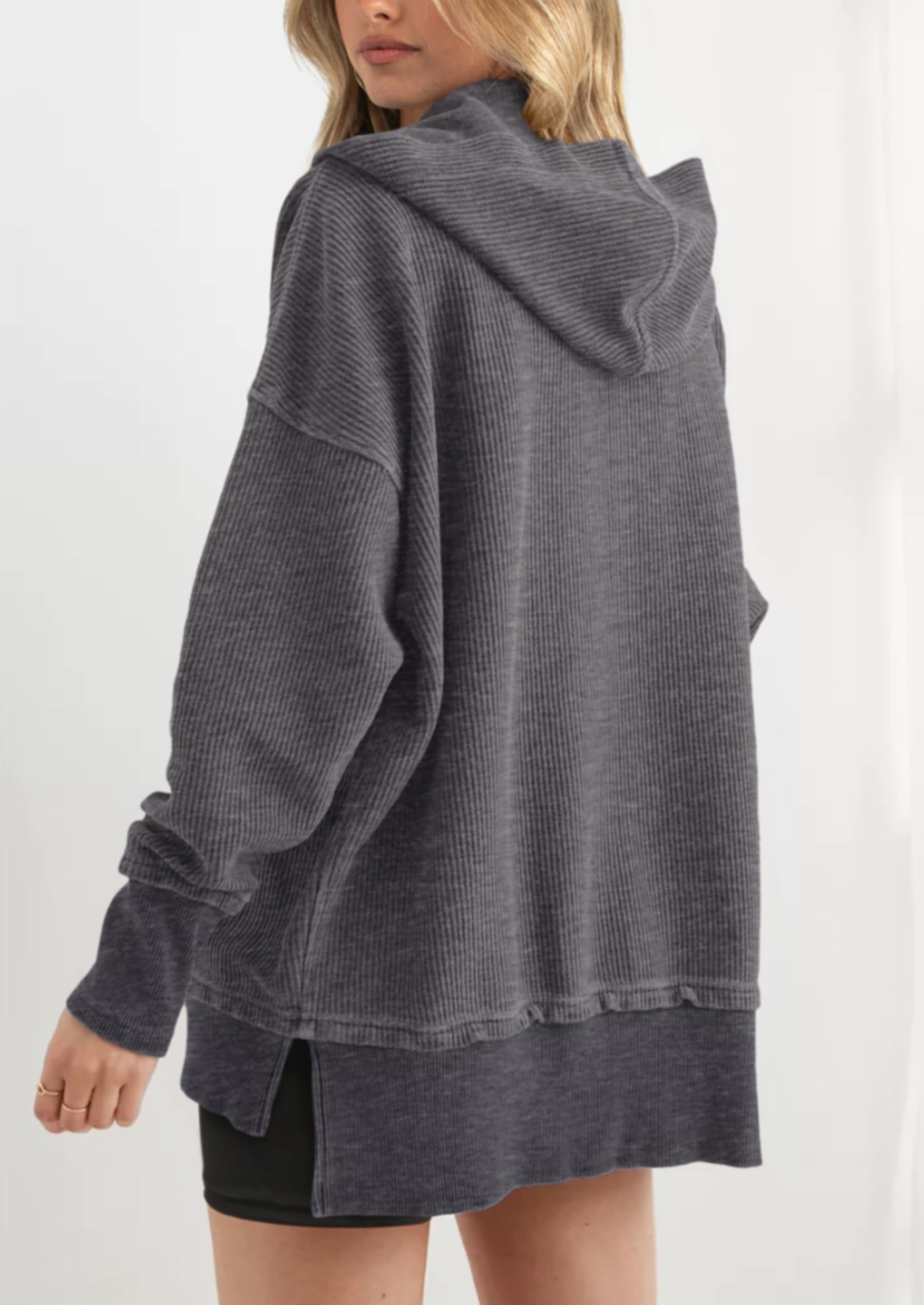 PRETTYGARDEN Womens Fashion Oversized Long Sleeve Hoodie Button Down V Neck Sweatshirt Side Slit Casual Pullover Tops