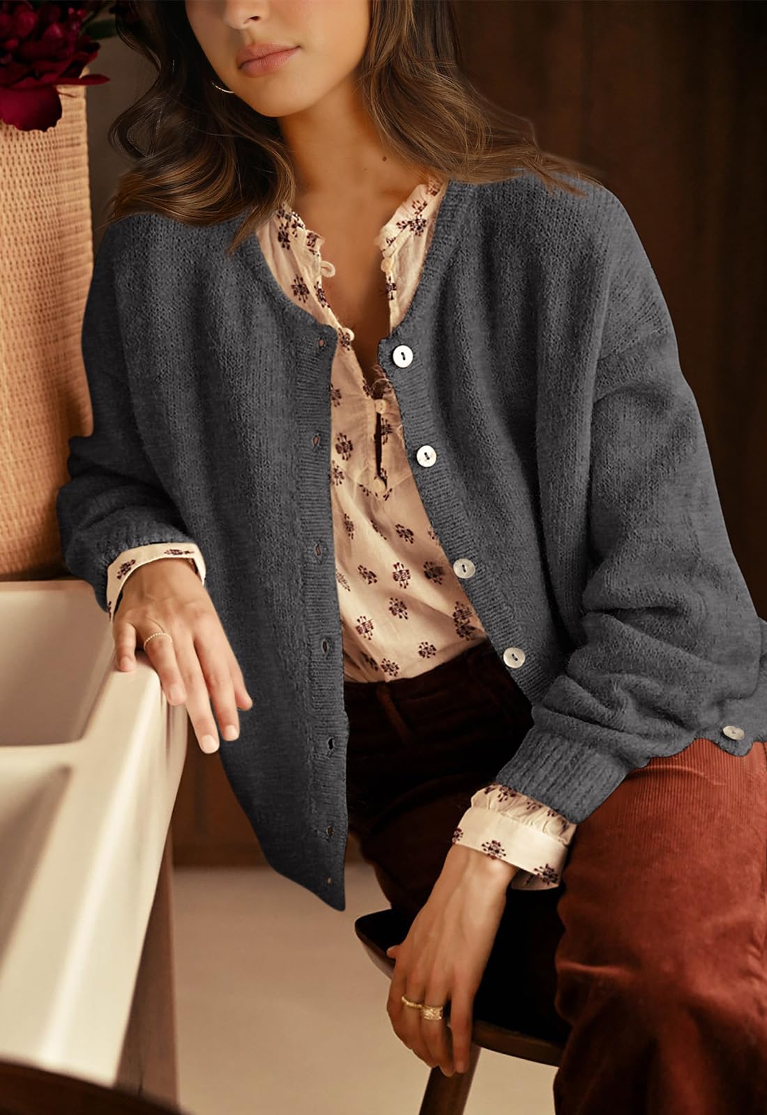 PRETTYGARDEN Long Sleeve Crewneck Button Down Womens Sweaters Fall Open Front Chunky Cardigan Sweaters for Women PRETTYGARDEN