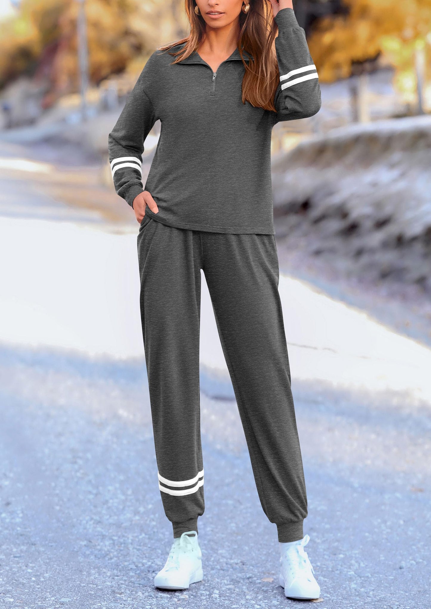 Women's 2 Piece Outfits Fall Fashion 2024 Striped 1/4 Zip Pullover Tops Long Sweatpants Tracksuit Sets