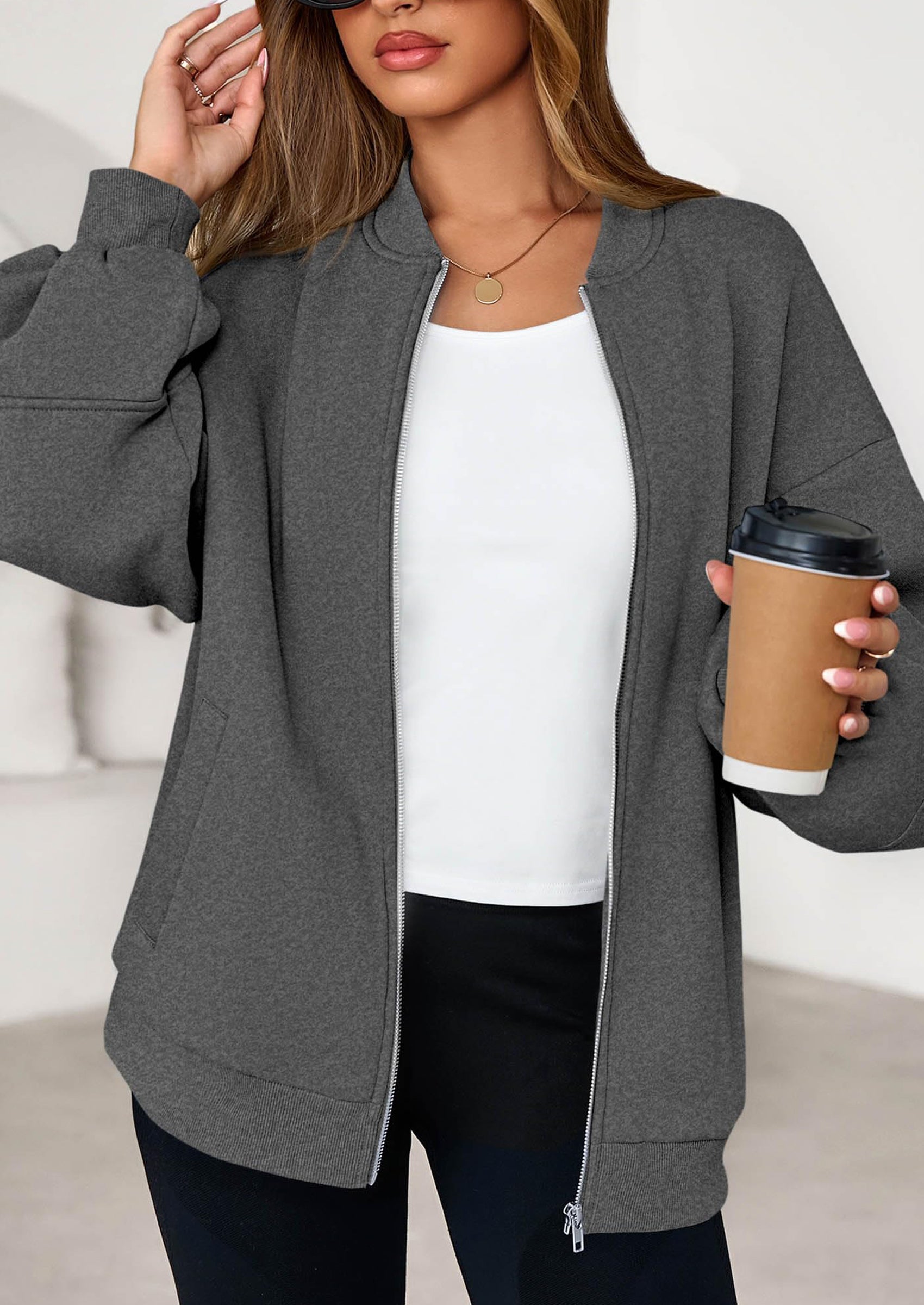 KIRUNDO Oversized Sweatshirt for Women Zip Up Bomber Jacket Fall Fashion Casual Long Sleeve Outerwear Winter Outfits PRETTYGARDEN