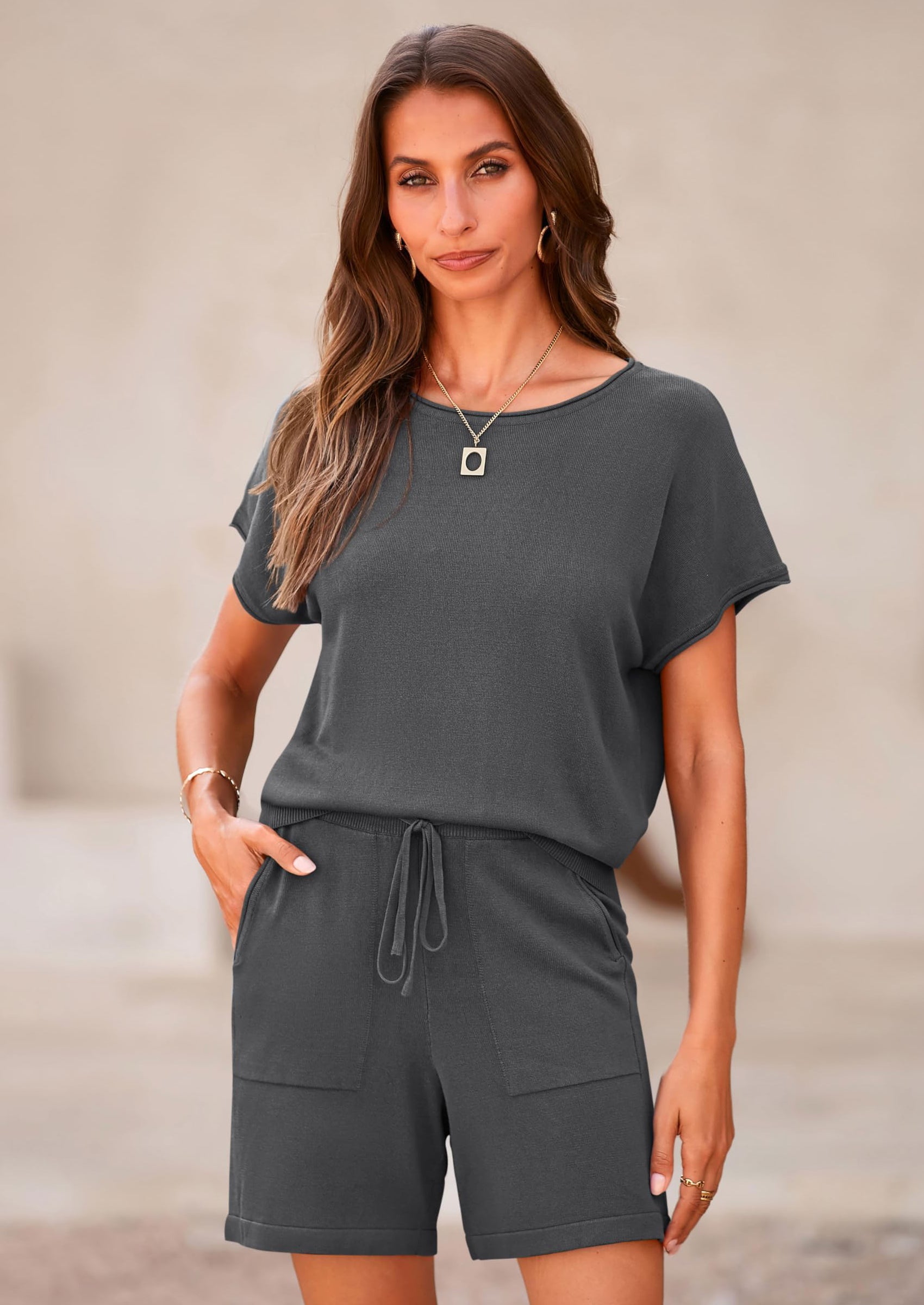 PRETTYGARDEN Two Piece Set for Women Summer Lounge Sets Shorts And Short Sleeve Tops Knitted Matching Travel Spring Outfits PRETTYGARDEN