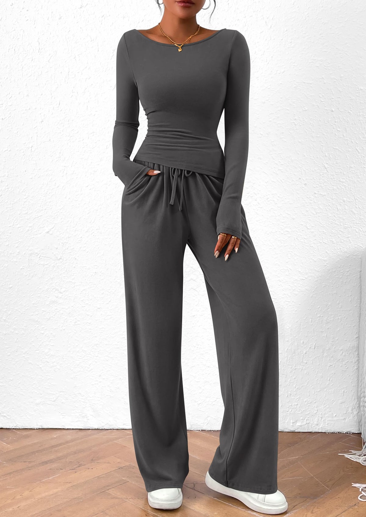 2 Piece Lounge Sets Asymmetrical Long Sleeve T Shirt Wide Leg Pants Casual Outfits Tracksuit