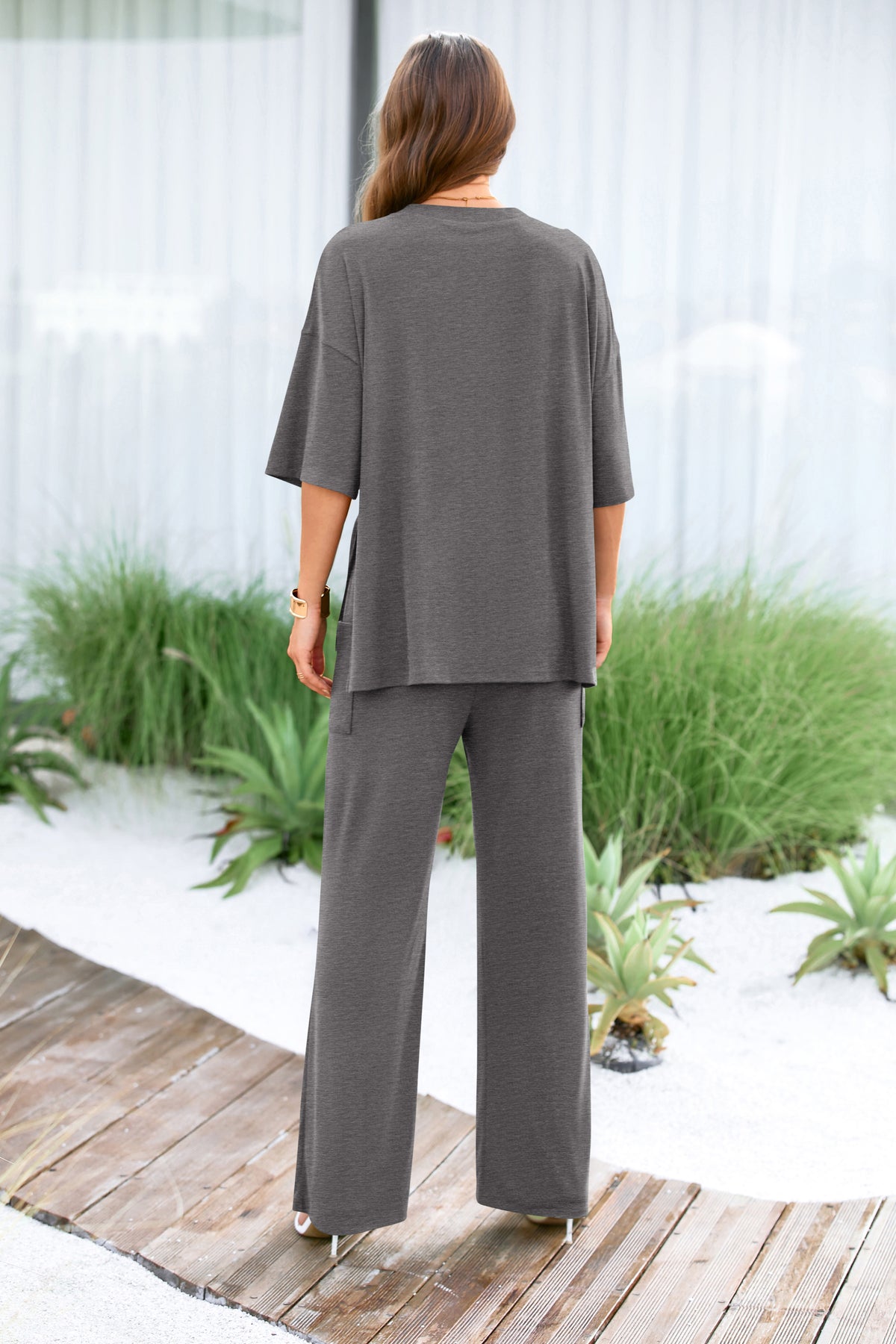 Short Sleeve Pullover Tops And Wide Leg Pants Two Piece Sets