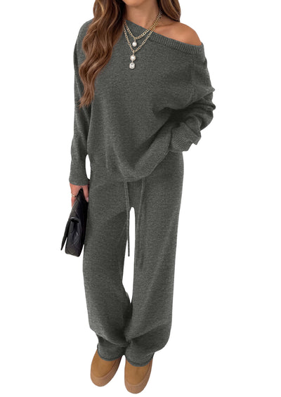 PRETTYGARDEN Lounge Sets Womens Sweaters Two Piece Outfits  Cozy Boat Neck Long Sleeve Tops, Wide Leg Pants with Drawstring, Casual Fall Fashion 2026 Airport & Travel, Knit Matching Set