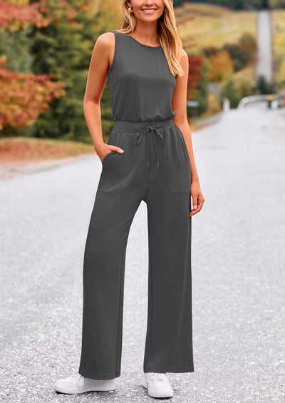PRETTYGARDEN Womens Jumpsuits Summer Casual One Piece Outfits Sleeveless Wide Leg Long Pants Rompers