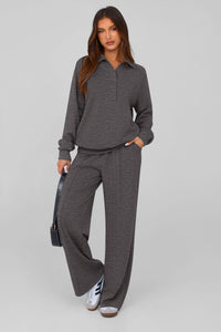 PRETTYGARDEN Women Fall 2 Piece Outfits Sweatsuits Quarter Button Long Sleeve Sweatshirt Wide Leg Pants Tracksuit Lounge Sets