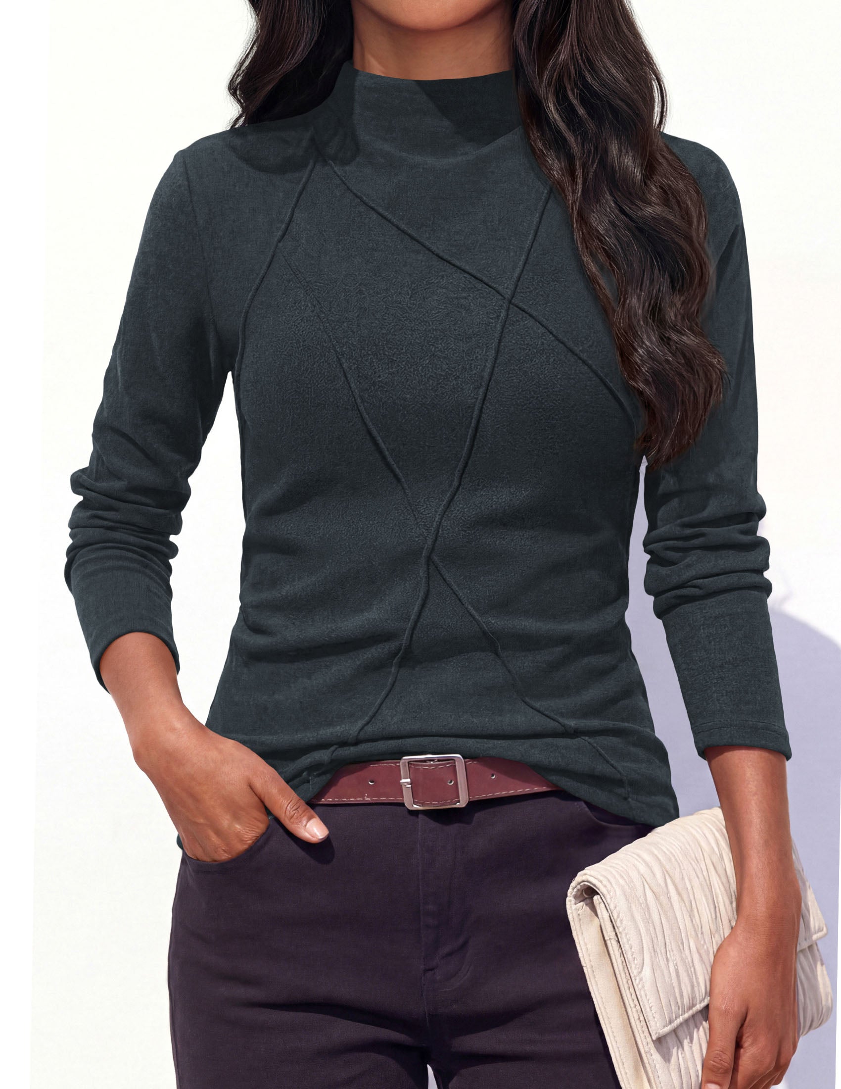 PRETTYGARDEN Women's Fall Mock Neck Long Sleeve Shirts | Soft Stretchy Knit,Geometric Seam Stitching,Slim Fitted Basic Tees,Thermal Casual Wear,Daily Work Layering Winter Tunic Top