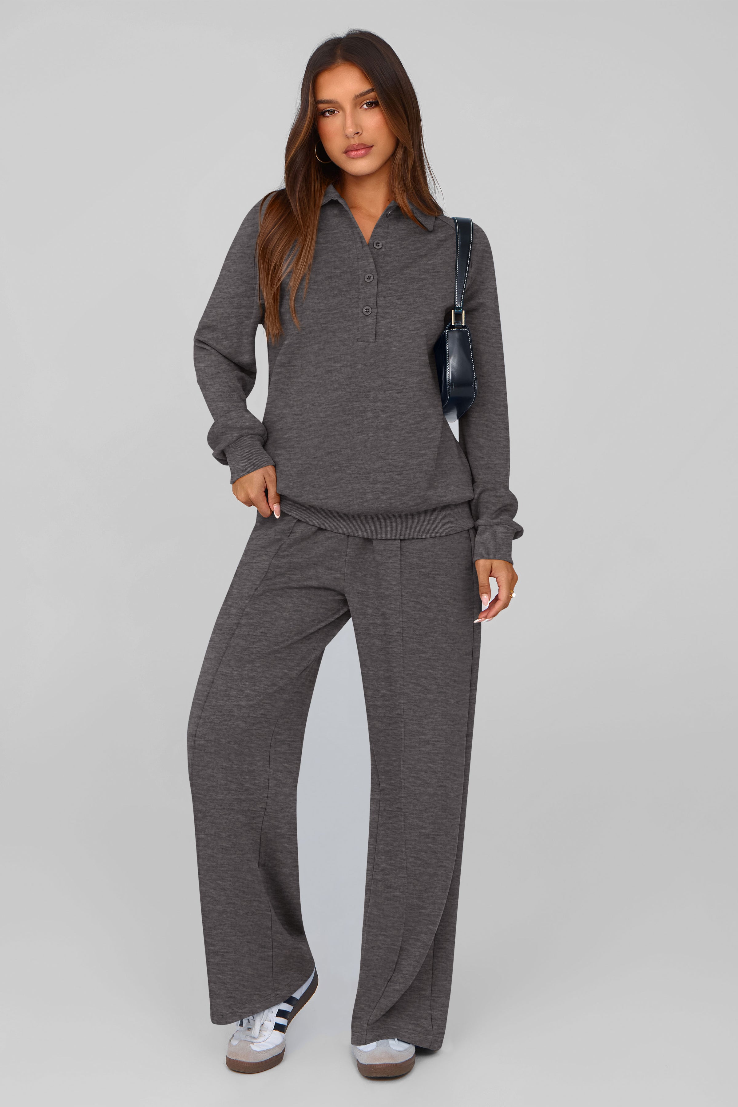 PRETTYGARDEN Women Fall 2 Piece Outfits Sweatsuits Quarter Button Long Sleeve Sweatshirt Wide Leg Pants Tracksuit Lounge Sets