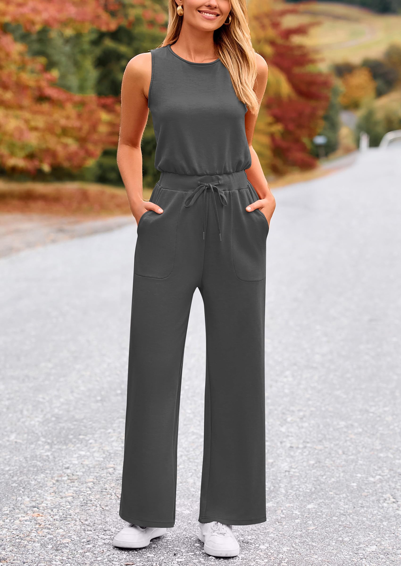 PRETTYGARDEN Womens Jumpsuits Summer Casual One Piece Outfits Sleeveless Wide Leg Long Pants Rompers