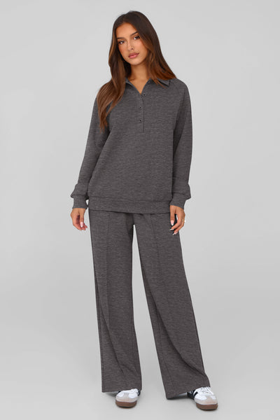 PRETTYGARDEN Women Fall 2 Piece Outfits Sweatsuits Quarter Button Long Sleeve Sweatshirt Wide Leg Pants Tracksuit Lounge Sets