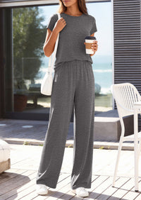 PRETTYGARDEN Women's 2026 Summer 2 Piece Matching Lounge Sets Short Sleeve Shirts Wide Leg Pants Travel Airport Outfits