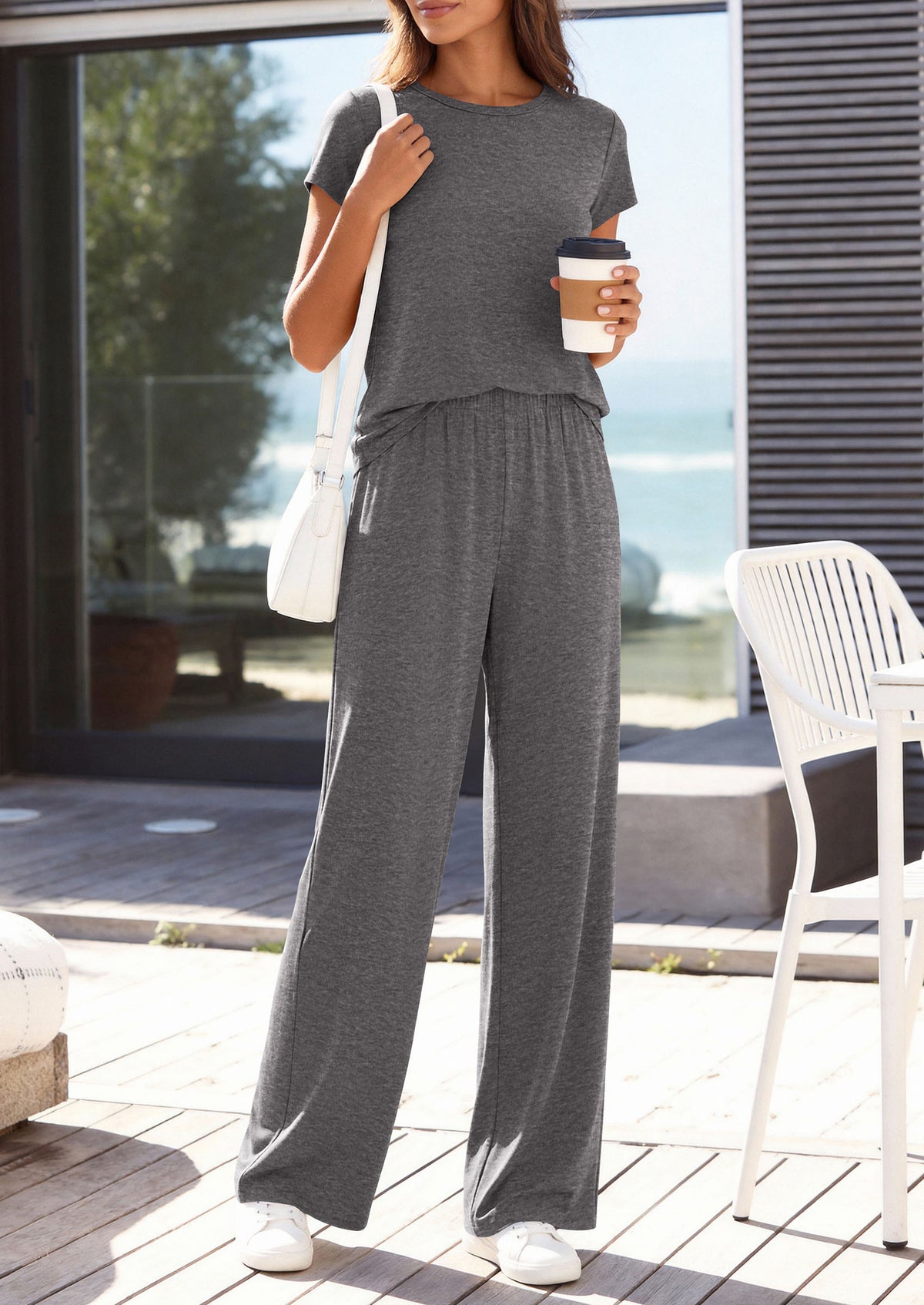 PRETTYGARDEN Women's 2026 Summer 2 Piece Matching Lounge Sets Short Sleeve Shirts Wide Leg Pants Travel Airport Outfits