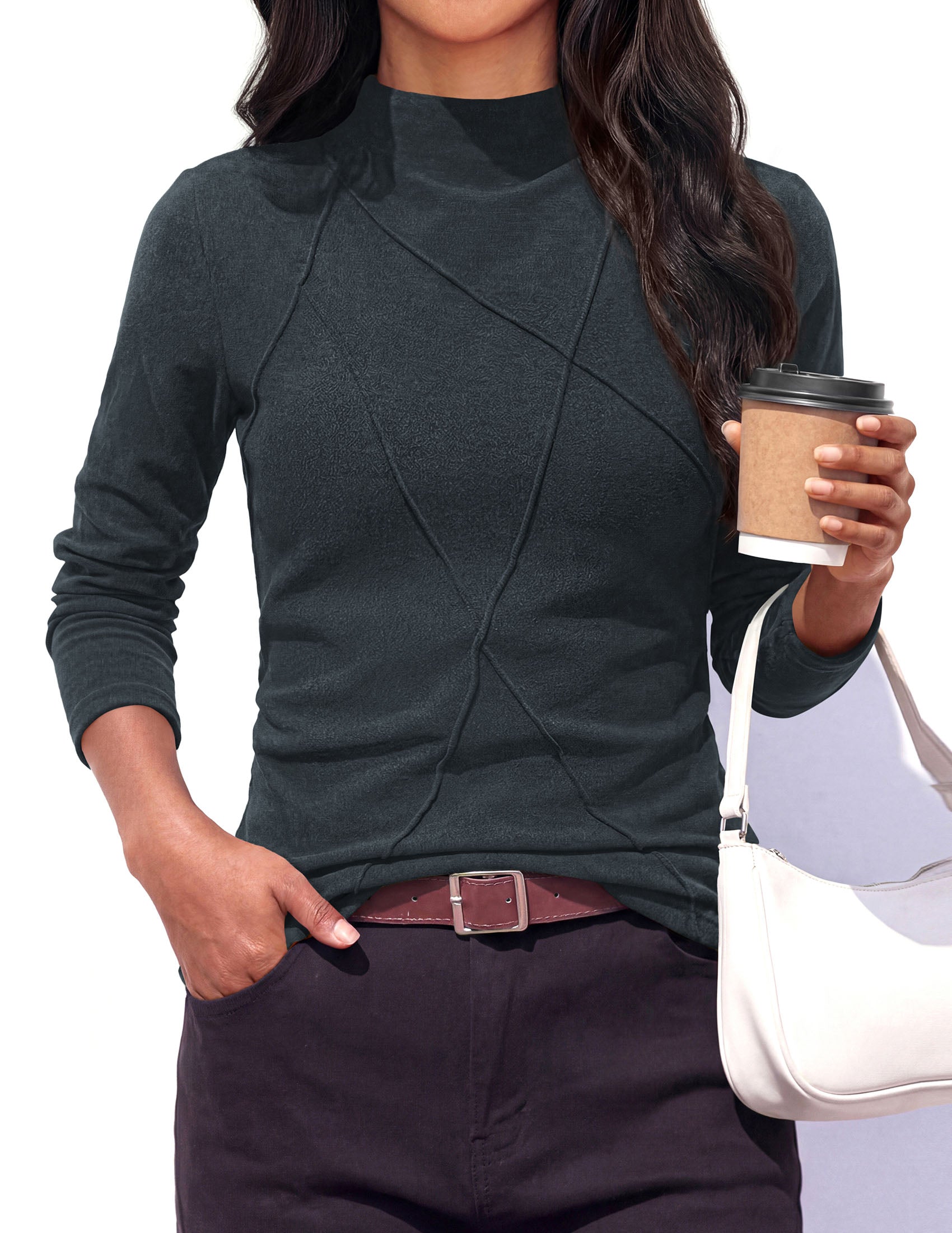 PRETTYGARDEN Women's Fall Mock Neck Long Sleeve Shirts | Soft Stretchy Knit,Geometric Seam Stitching,Slim Fitted Basic Tees,Thermal Casual Wear,Daily Work Layering Winter Tunic Top